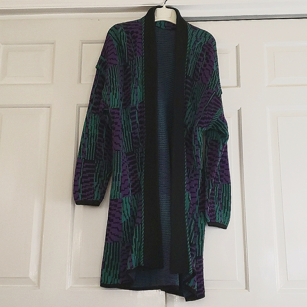 Hand Crafted Purple and Green Patterned Open Cardigan